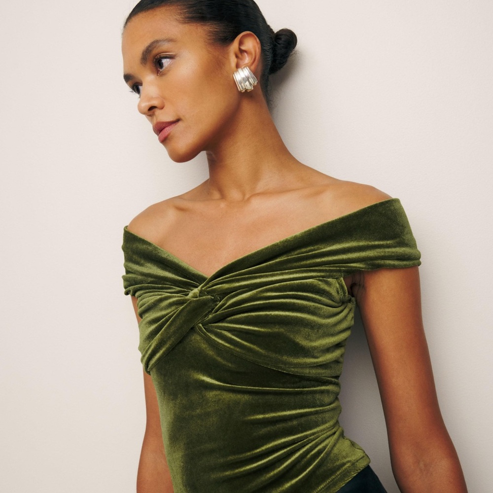 Reformation Olive Velvet Off-Shoulder Blouse